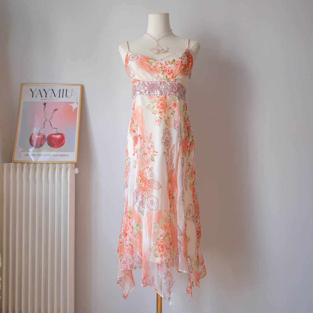 DERHY Vintage Floral Beaded Asymmetrical Midi Dress
