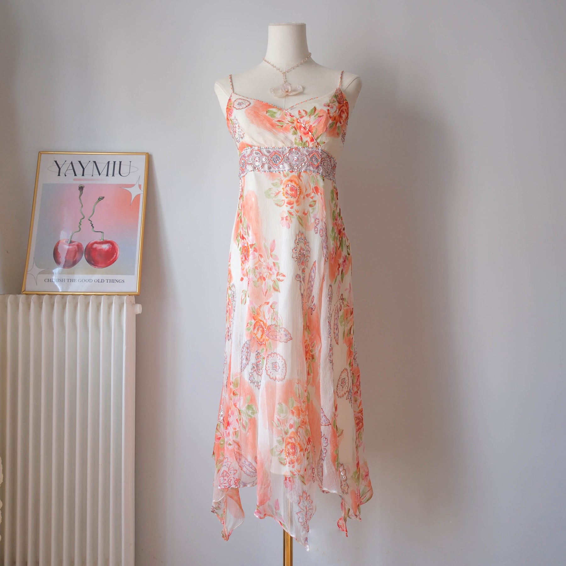 DERHY Vintage Floral Beaded Asymmetrical Midi Dress