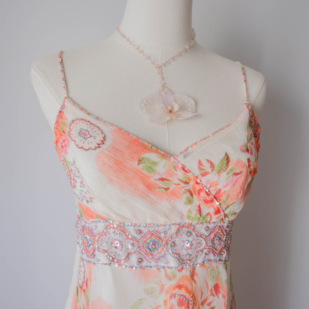DERHY Vintage Floral Beaded Asymmetrical Midi Dress