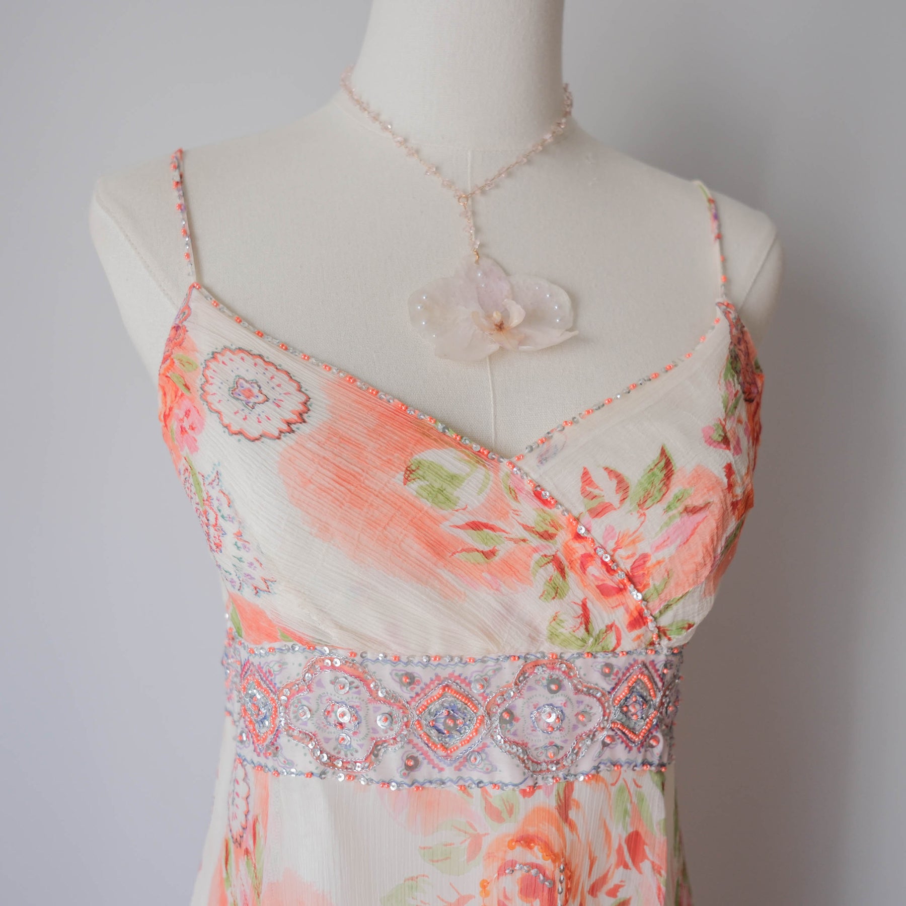 DERHY Vintage Floral Beaded Asymmetrical Midi Dress