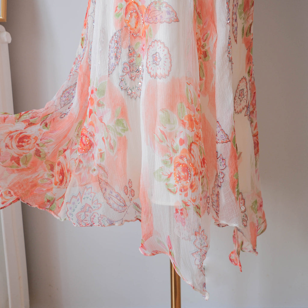 DERHY Vintage Floral Beaded Asymmetrical Midi Dress