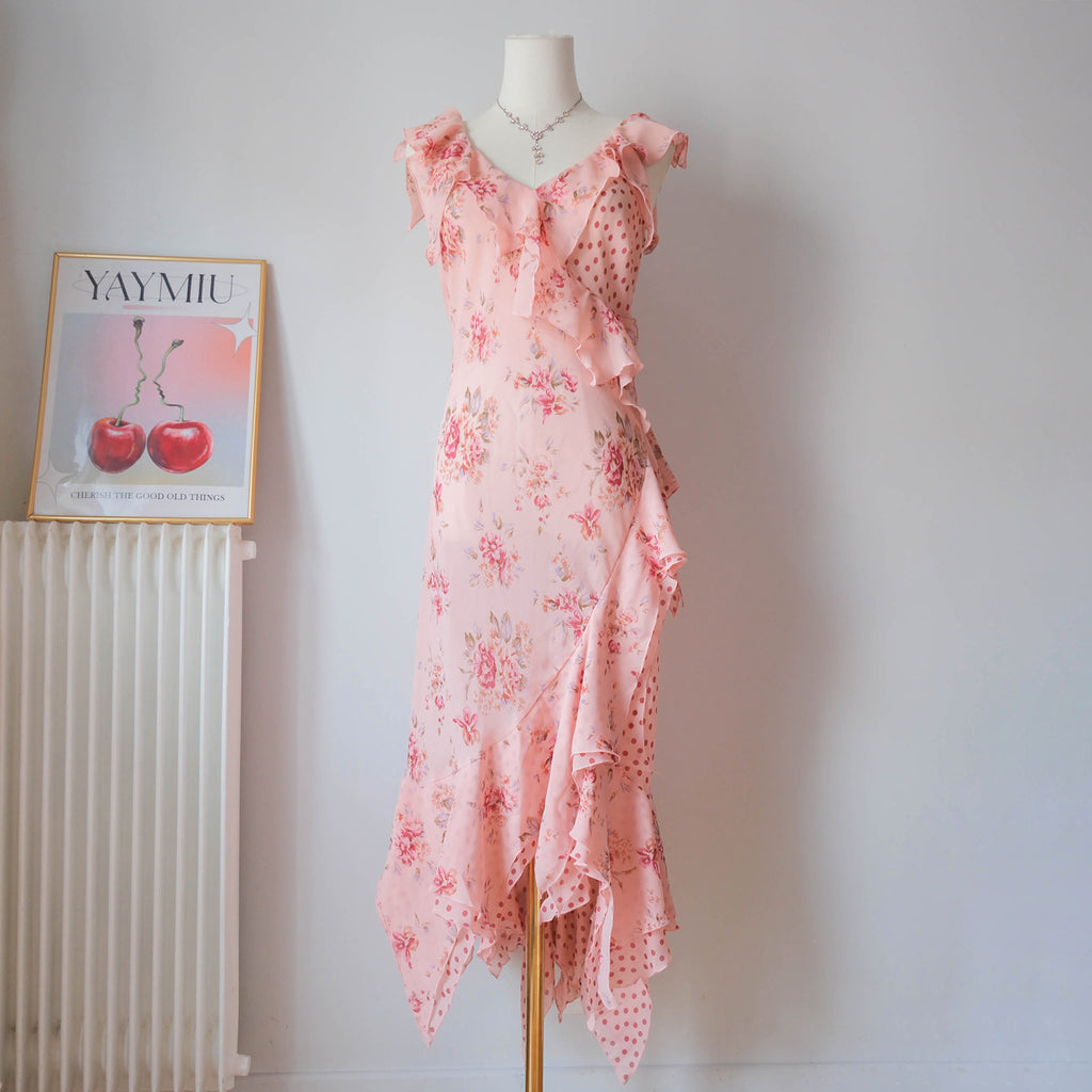 Vintage Romantic Floral Polka Dot Ruffle Dress