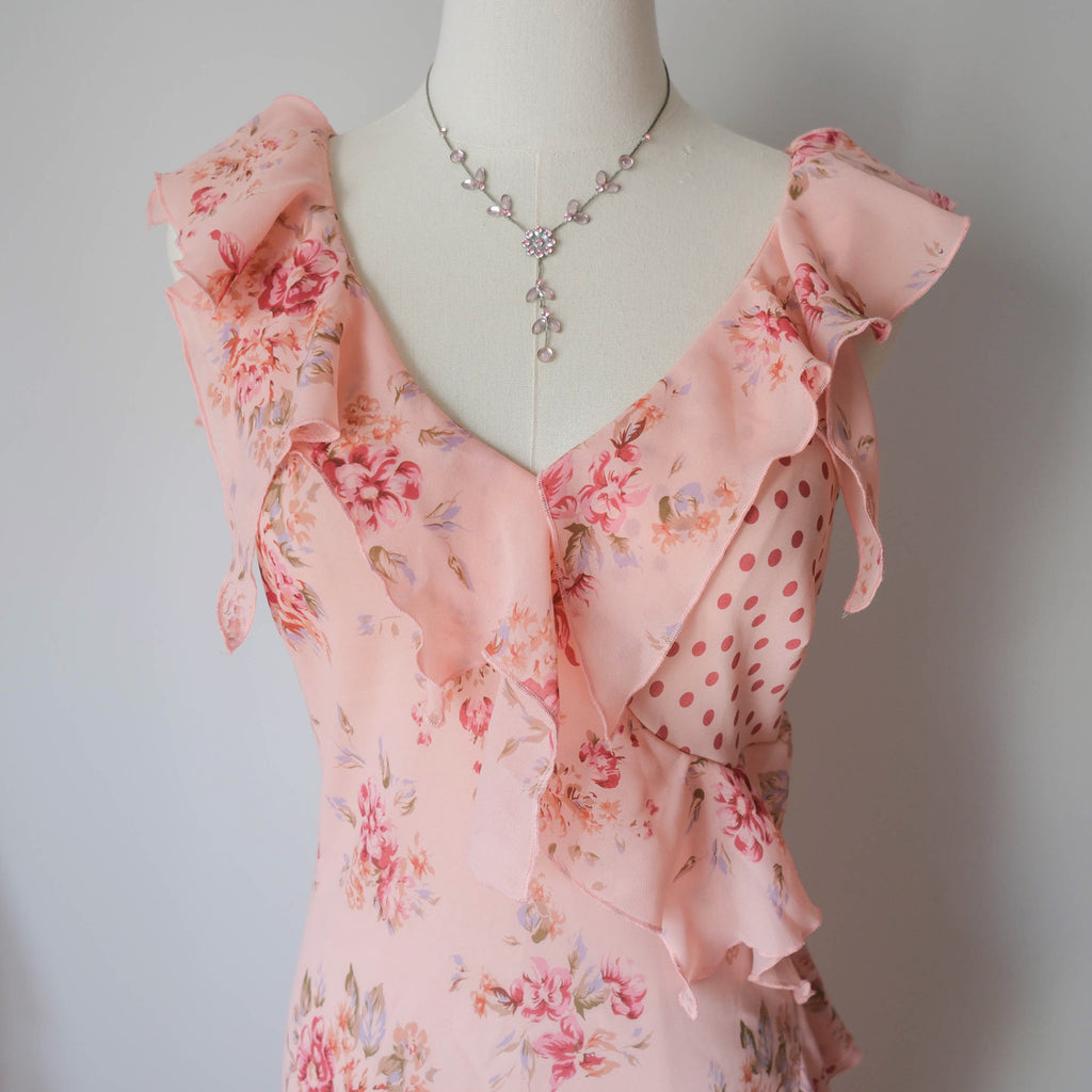 Vintage Romantic Floral Polka Dot Ruffle Dress