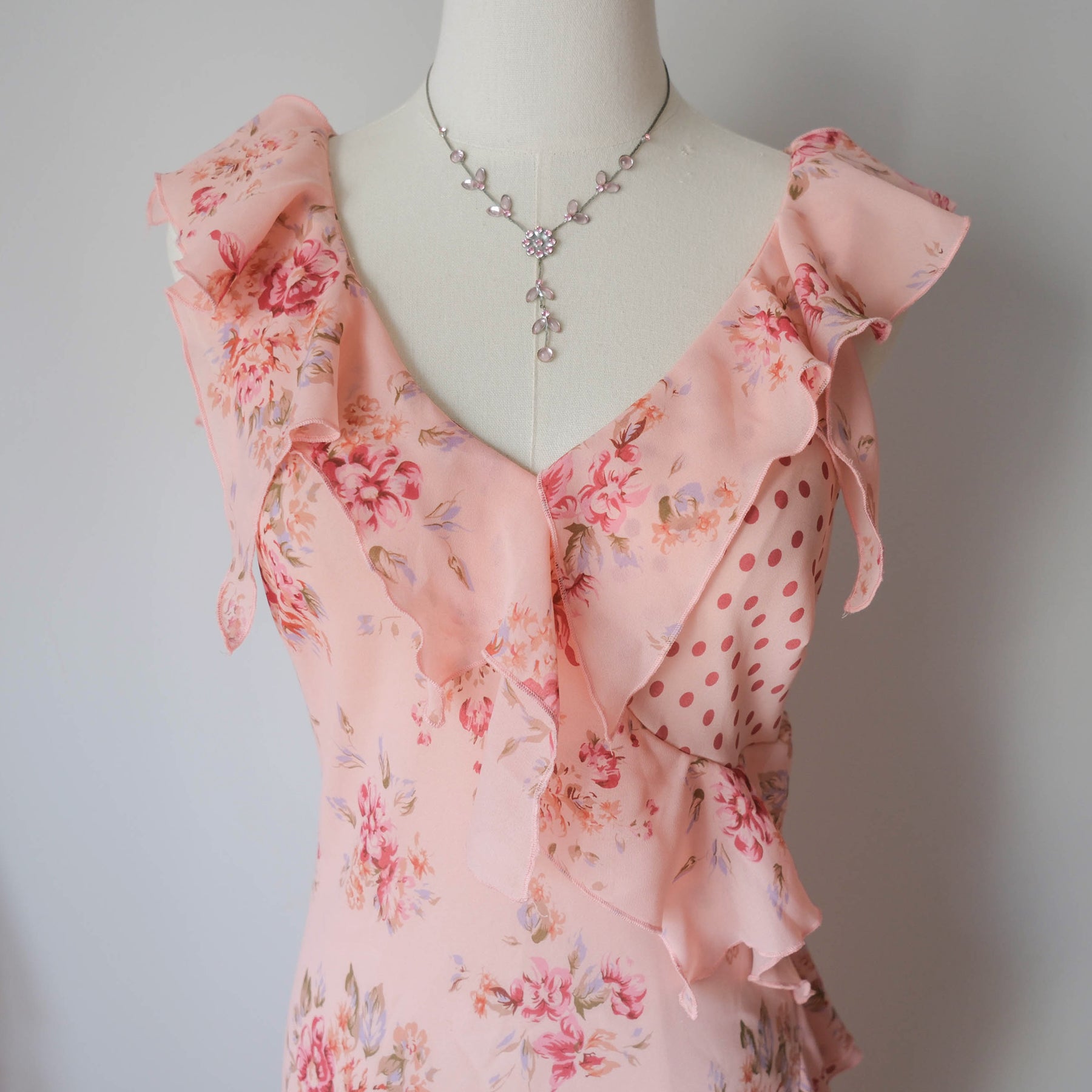 Vintage Romantic Floral Polka Dot Ruffle Dress