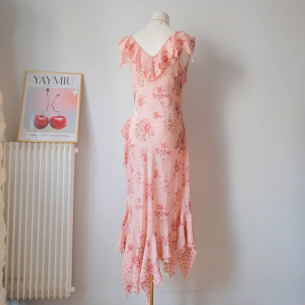 Vintage Romantic Floral Polka Dot Ruffle Dress
