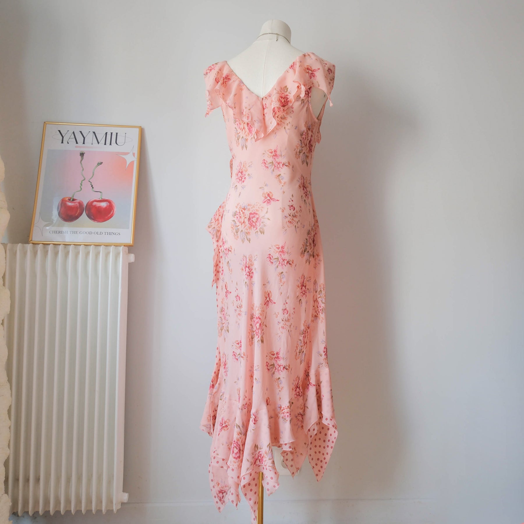 Vintage Romantic Floral Polka Dot Ruffle Dress