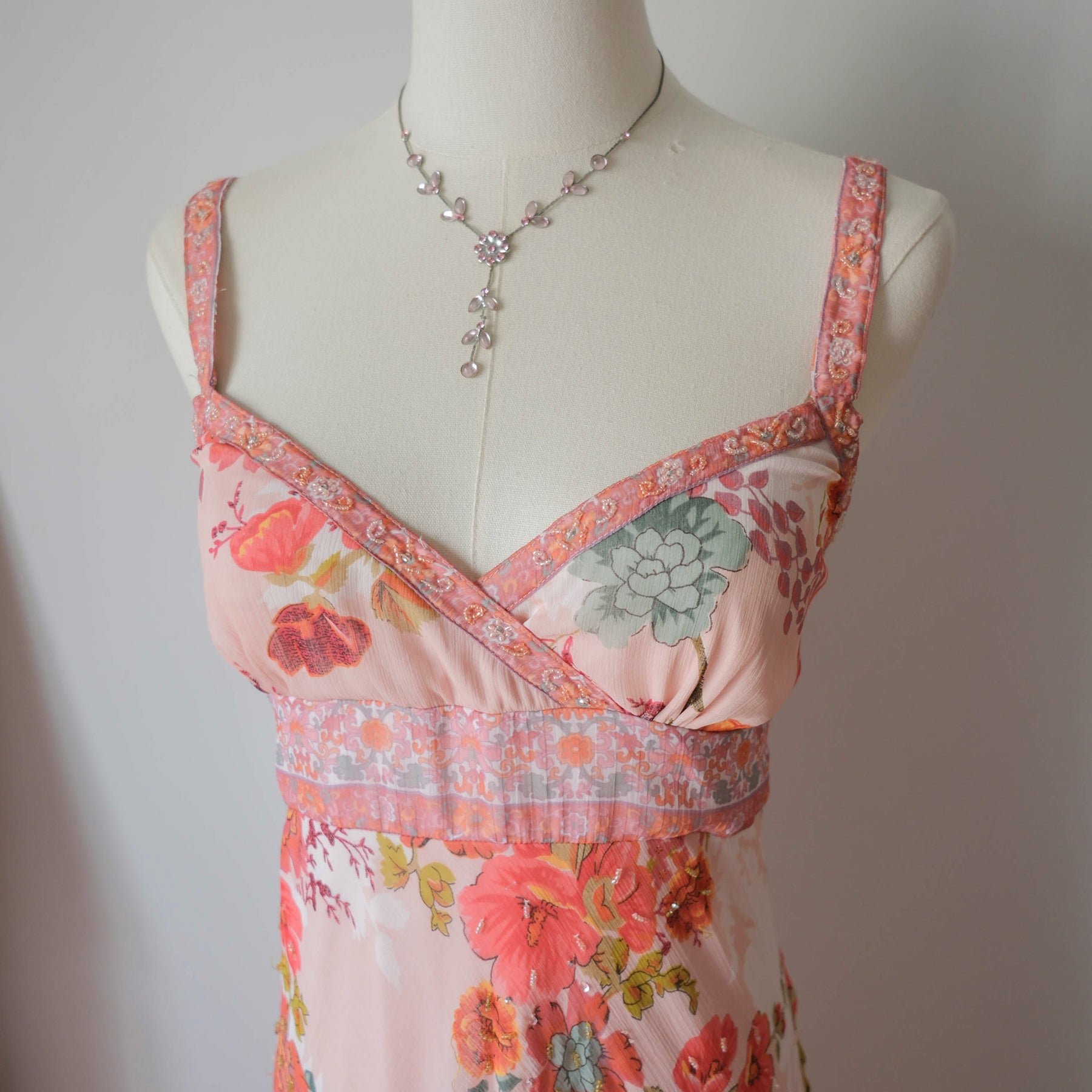 Vintage Romantic Cottage Beaded Floral Maxi Dress