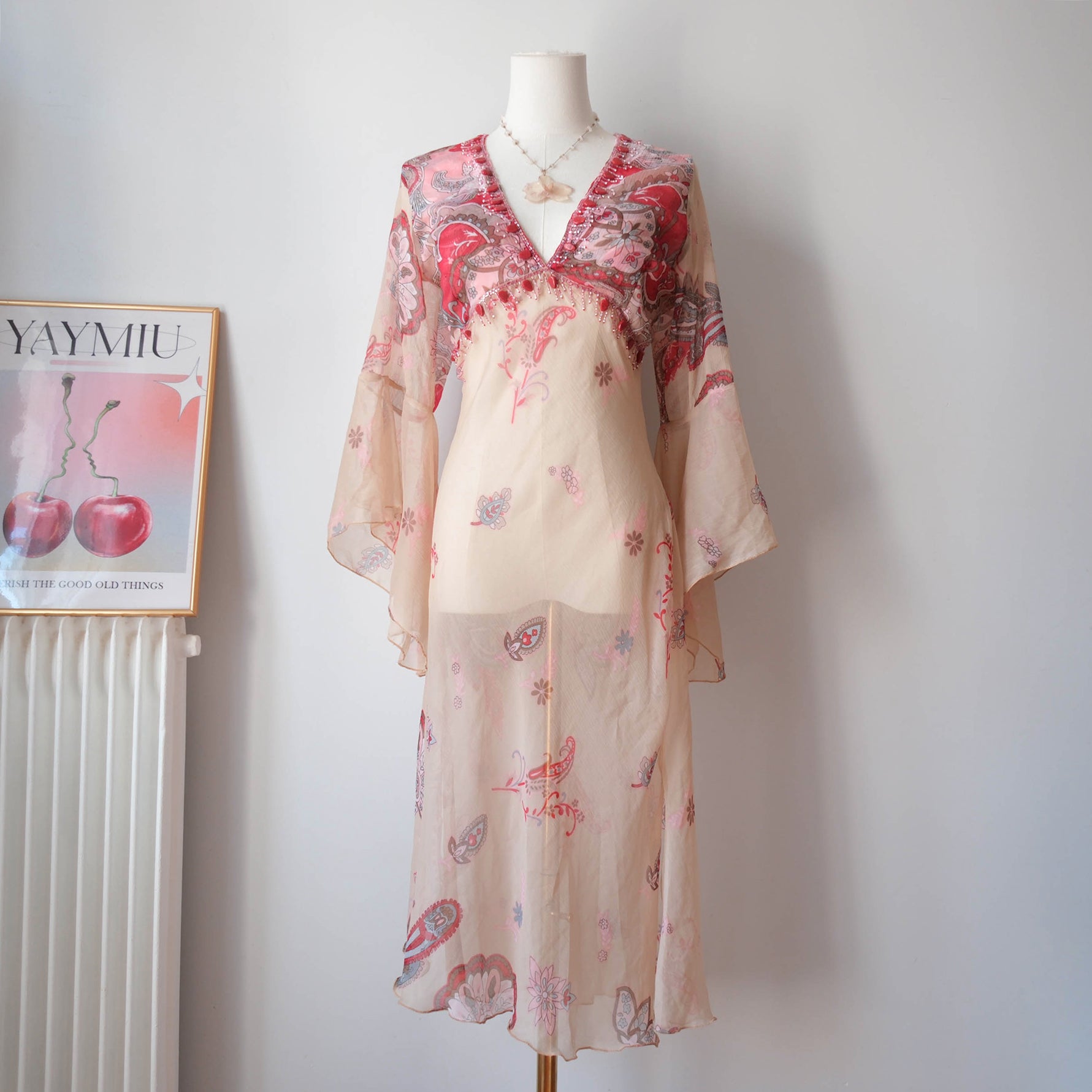 Vintage Beaded Sheer Pareo Kaftan Dress