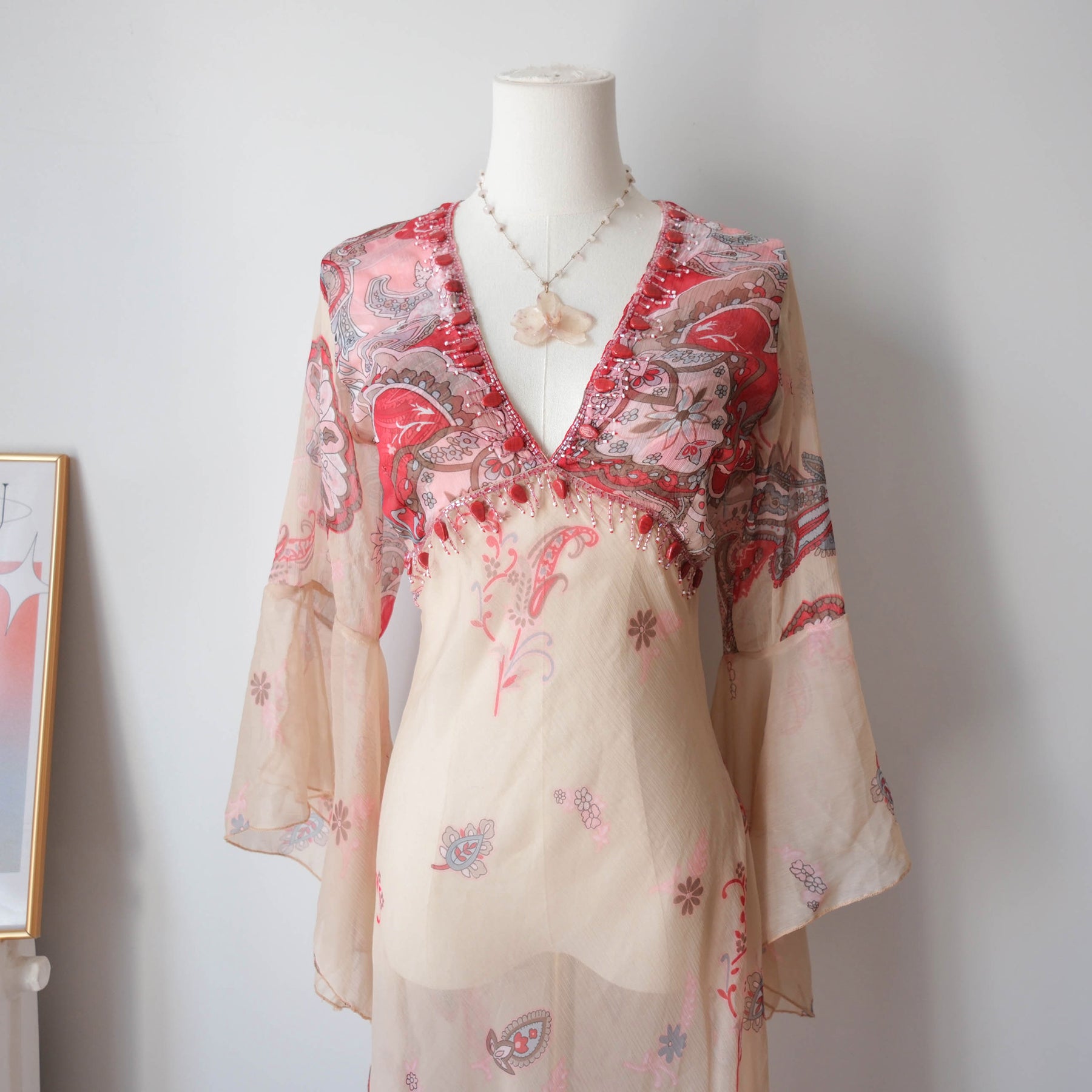 Vintage Beaded Sheer Pareo Kaftan Dress