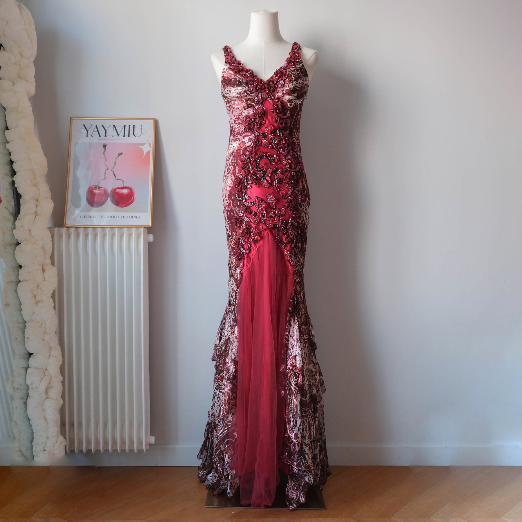 Vintage Beaded Animal Print Maxi Gown Dress