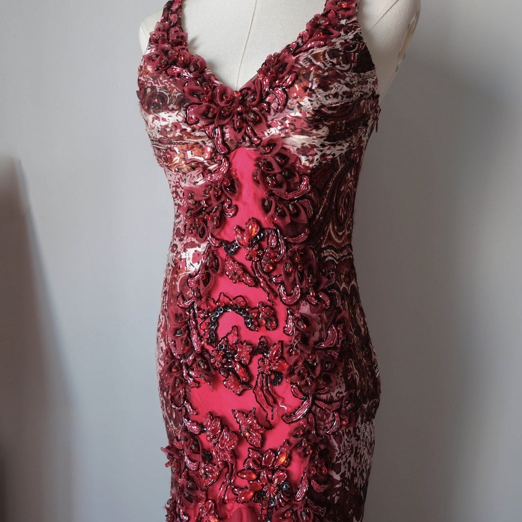 Vintage Beaded Animal Print Maxi Gown Dress