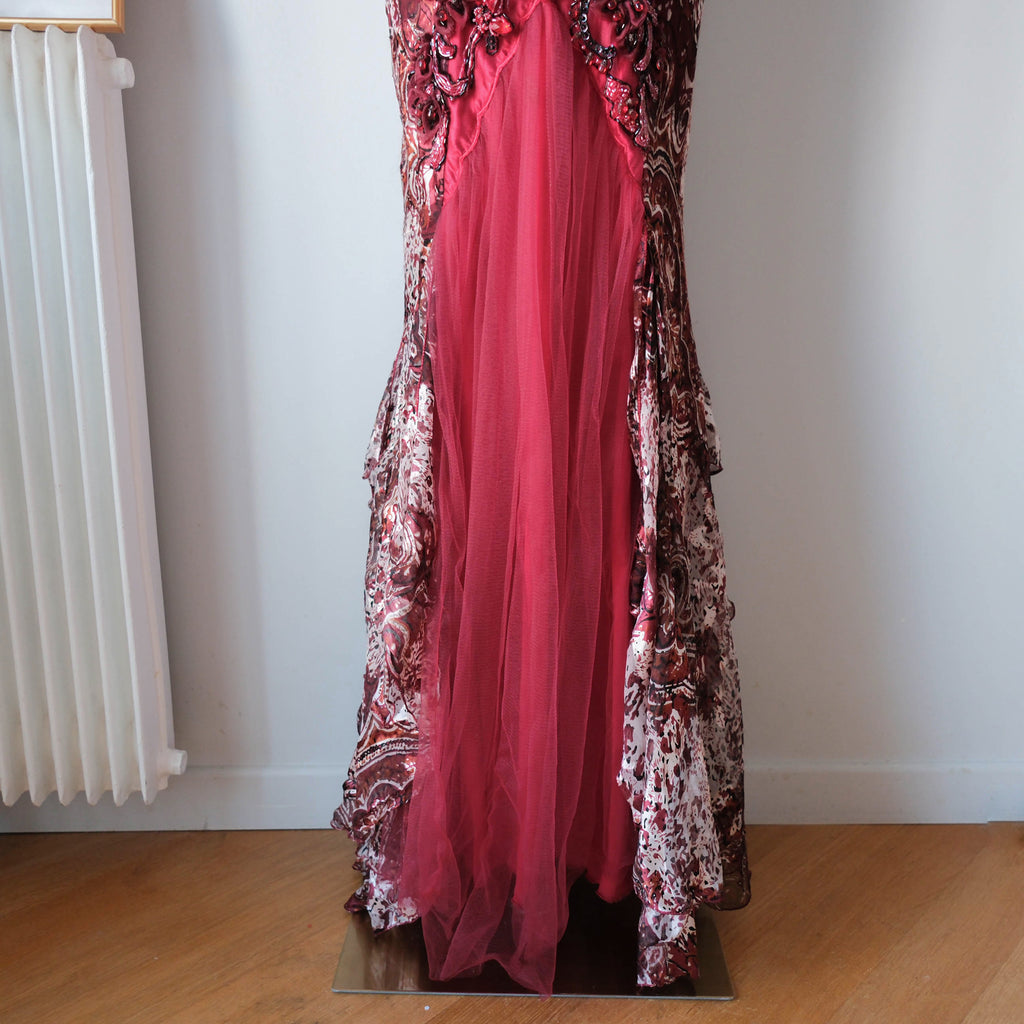 Vintage Beaded Animal Print Maxi Gown Dress