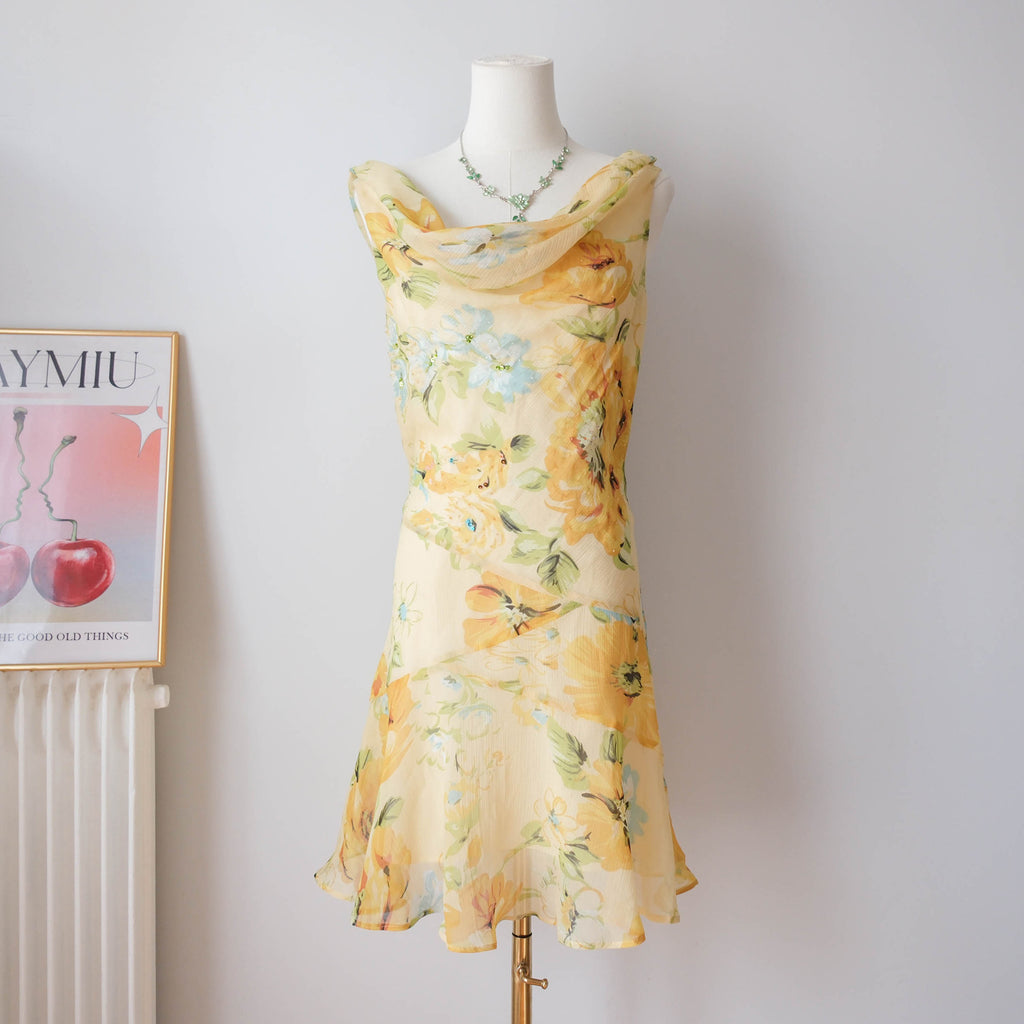 Vintage Dreamy Yellow Floral Beaded Cowl Neck Mini Dress