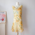 Vintage Dreamy Yellow Floral Beaded Cowl Neck Mini Dress