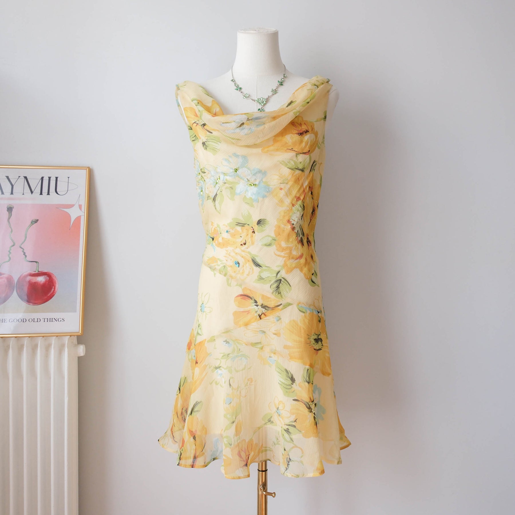 Vintage Dreamy Yellow Floral Beaded Cowl Neck Mini Dress