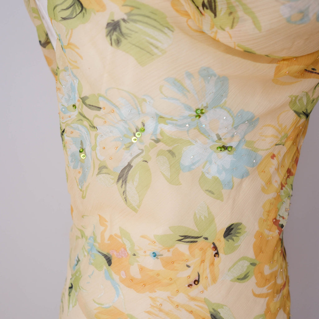 Vintage Dreamy Yellow Floral Beaded Cowl Neck Mini Dress