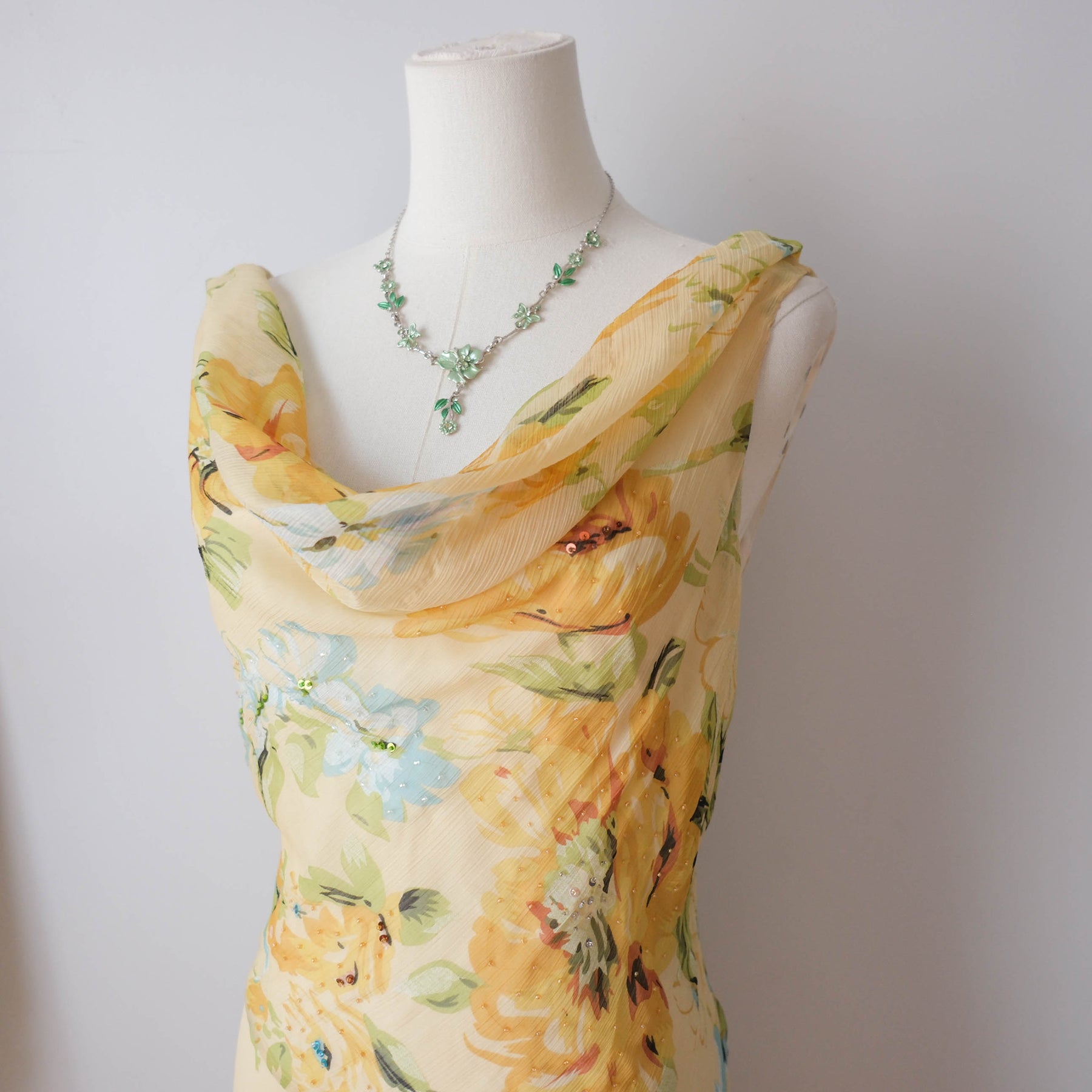 Vintage Dreamy Yellow Floral Beaded Cowl Neck Mini Dress