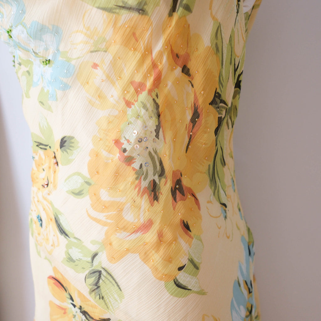 Vintage Dreamy Yellow Floral Beaded Cowl Neck Mini Dress