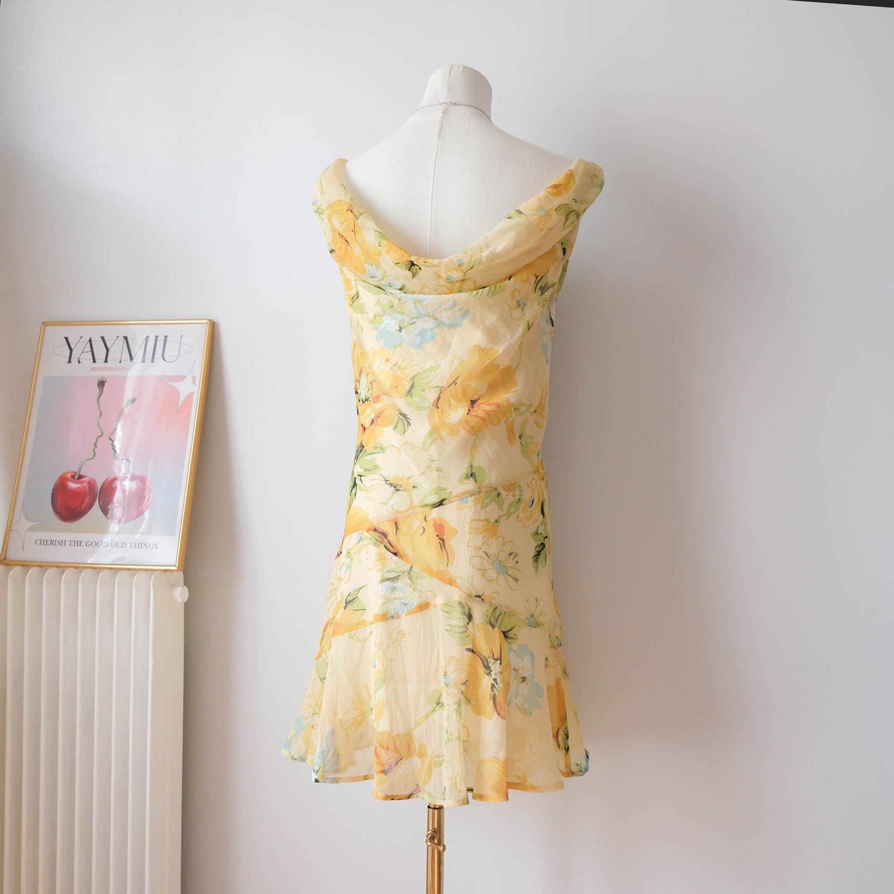 Vintage Dreamy Yellow Floral Beaded Cowl Neck Mini Dress