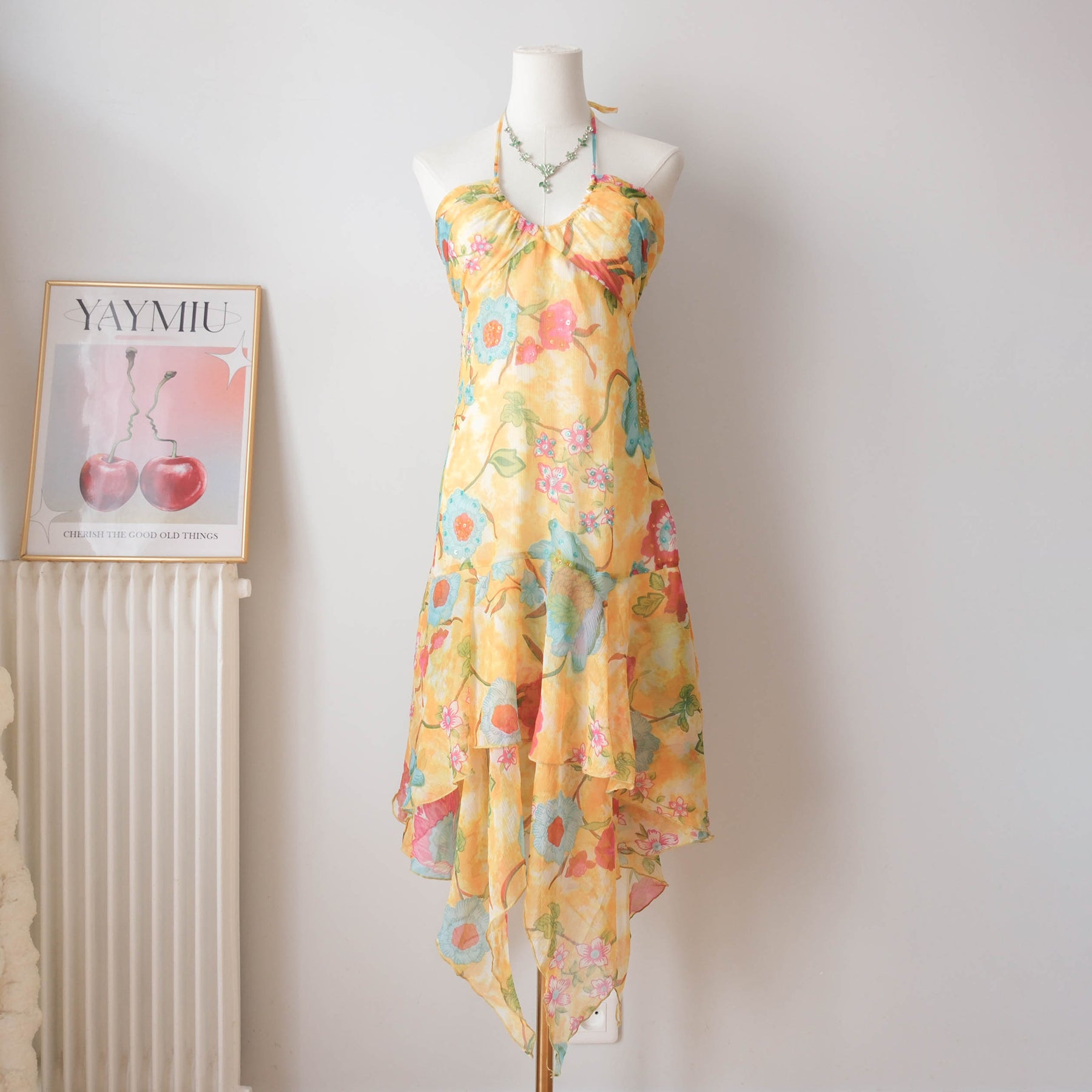Vintage Summery Flowy Beaded Floral Halter Dress