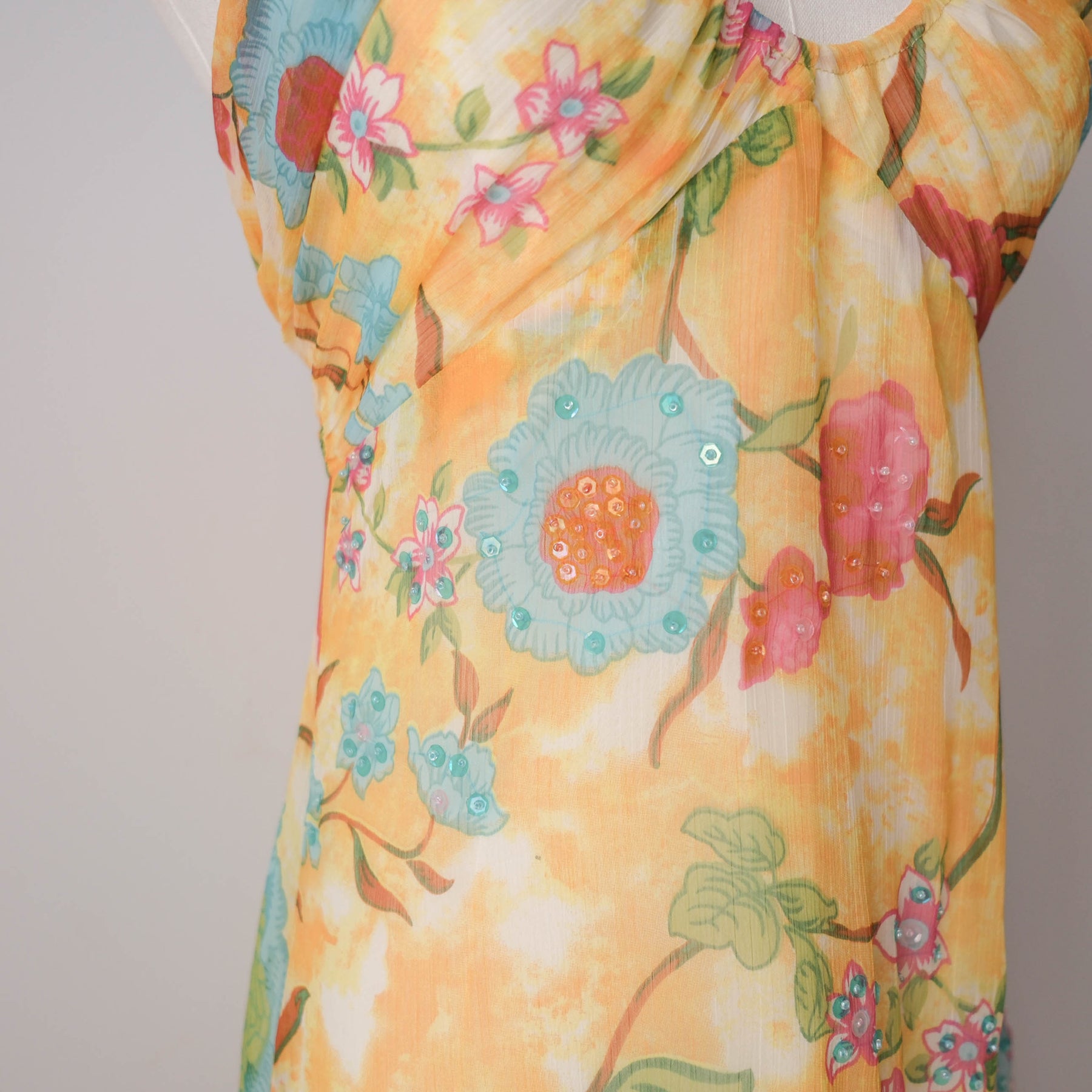 Vintage Summery Flowy Beaded Floral Halter Dress