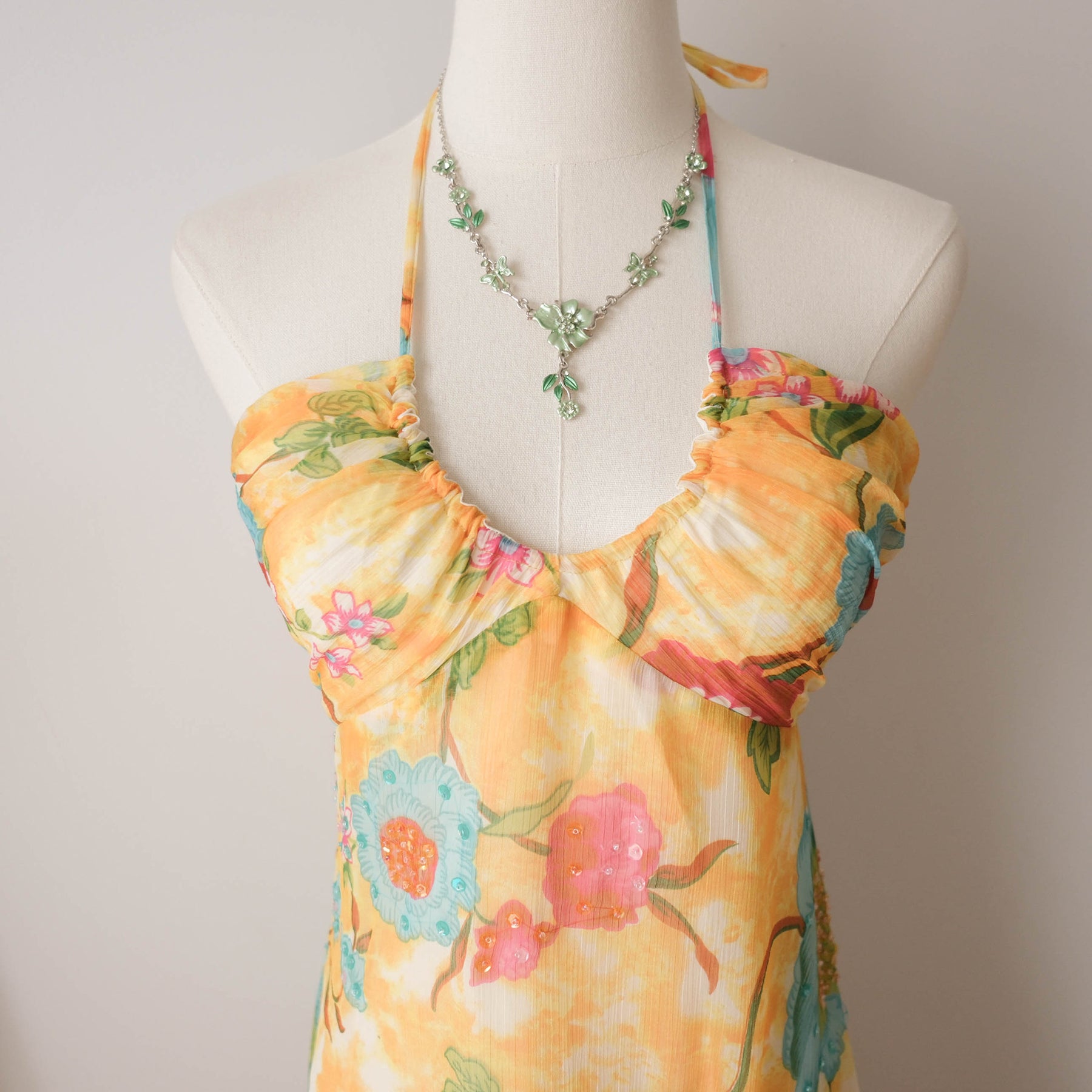 Vintage Summery Flowy Beaded Floral Halter Dress