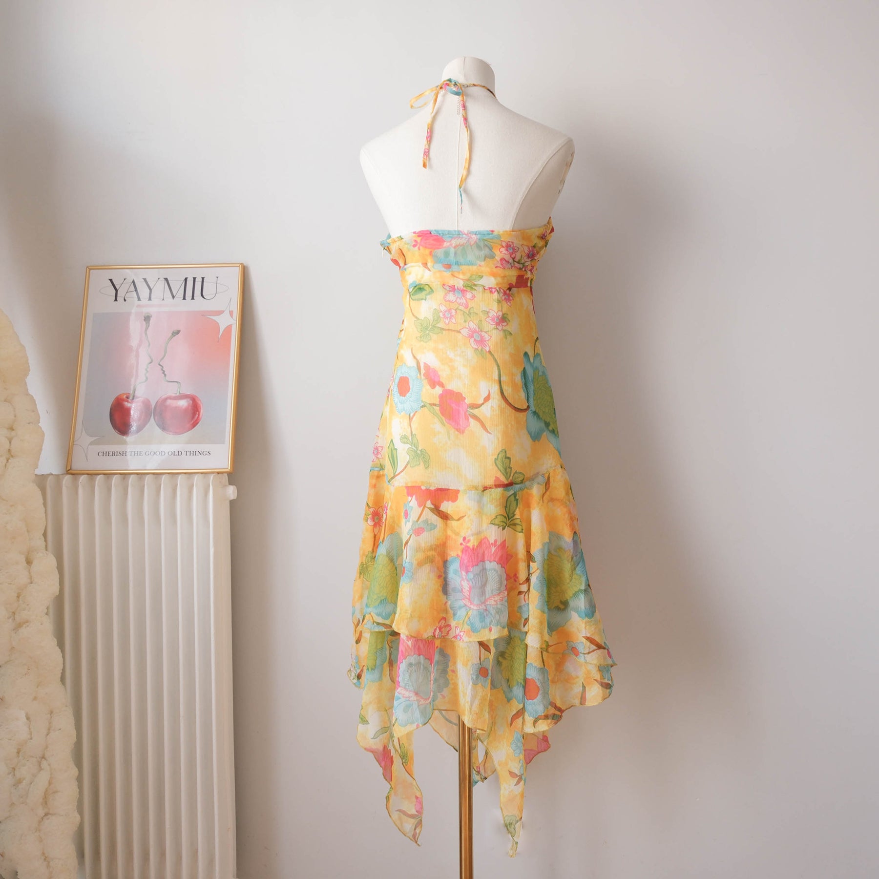 Vintage Summery Flowy Beaded Floral Halter Dress