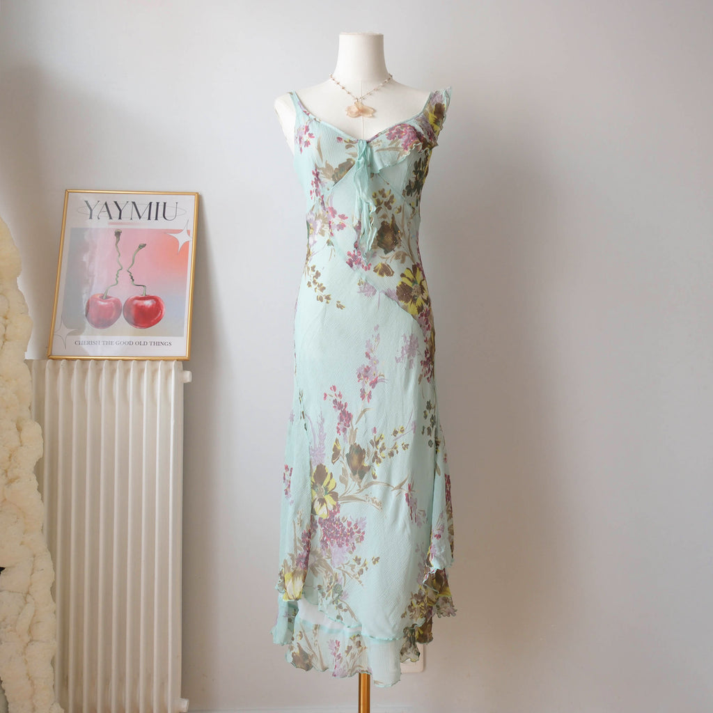 Vintage French Premium Silk  Floral Midi Dress wil Ruffles Strass