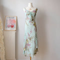Vintage French Premium Silk  Floral Midi Dress wil Ruffles Strass
