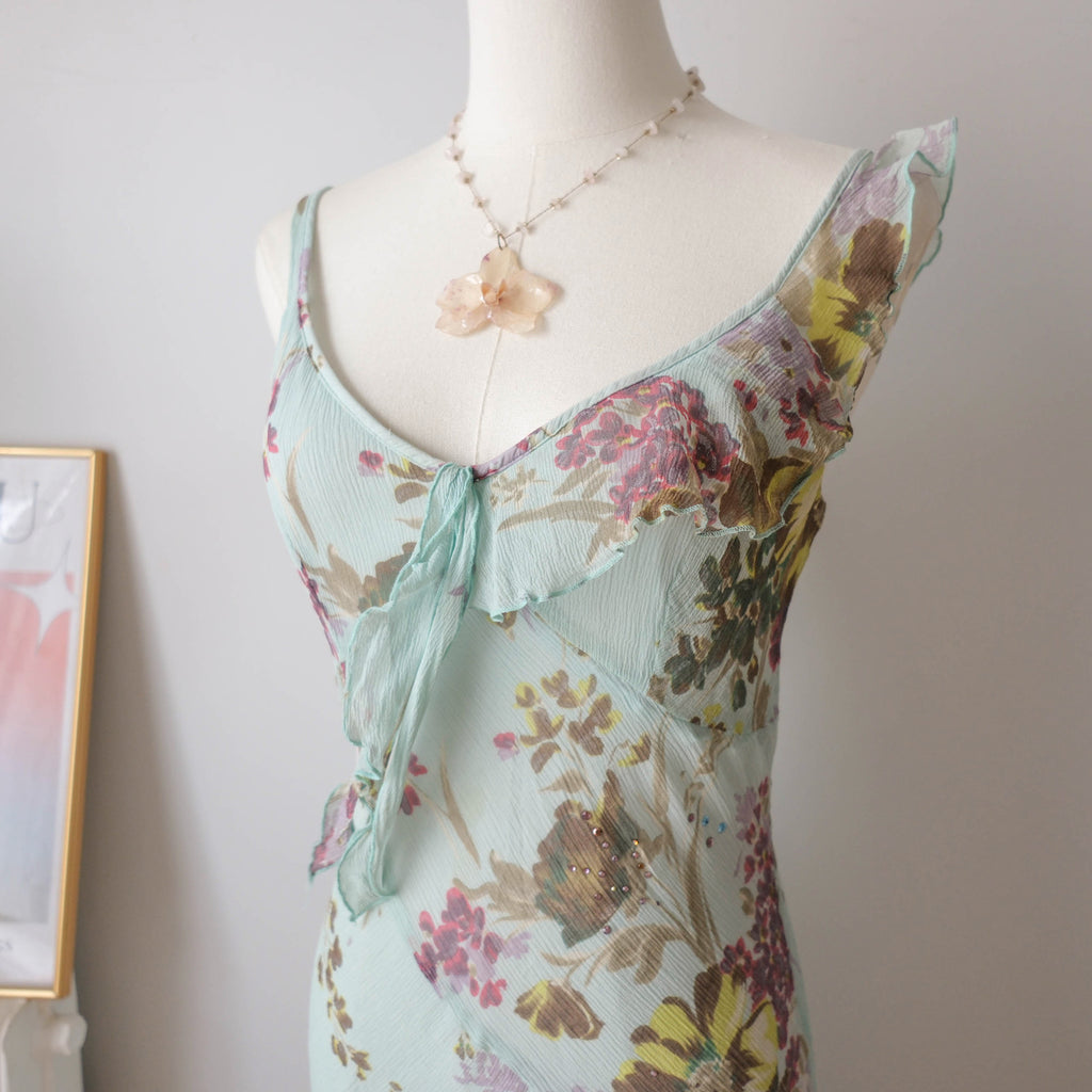 Vintage French Premium Silk  Floral Midi Dress wil Ruffles Strass