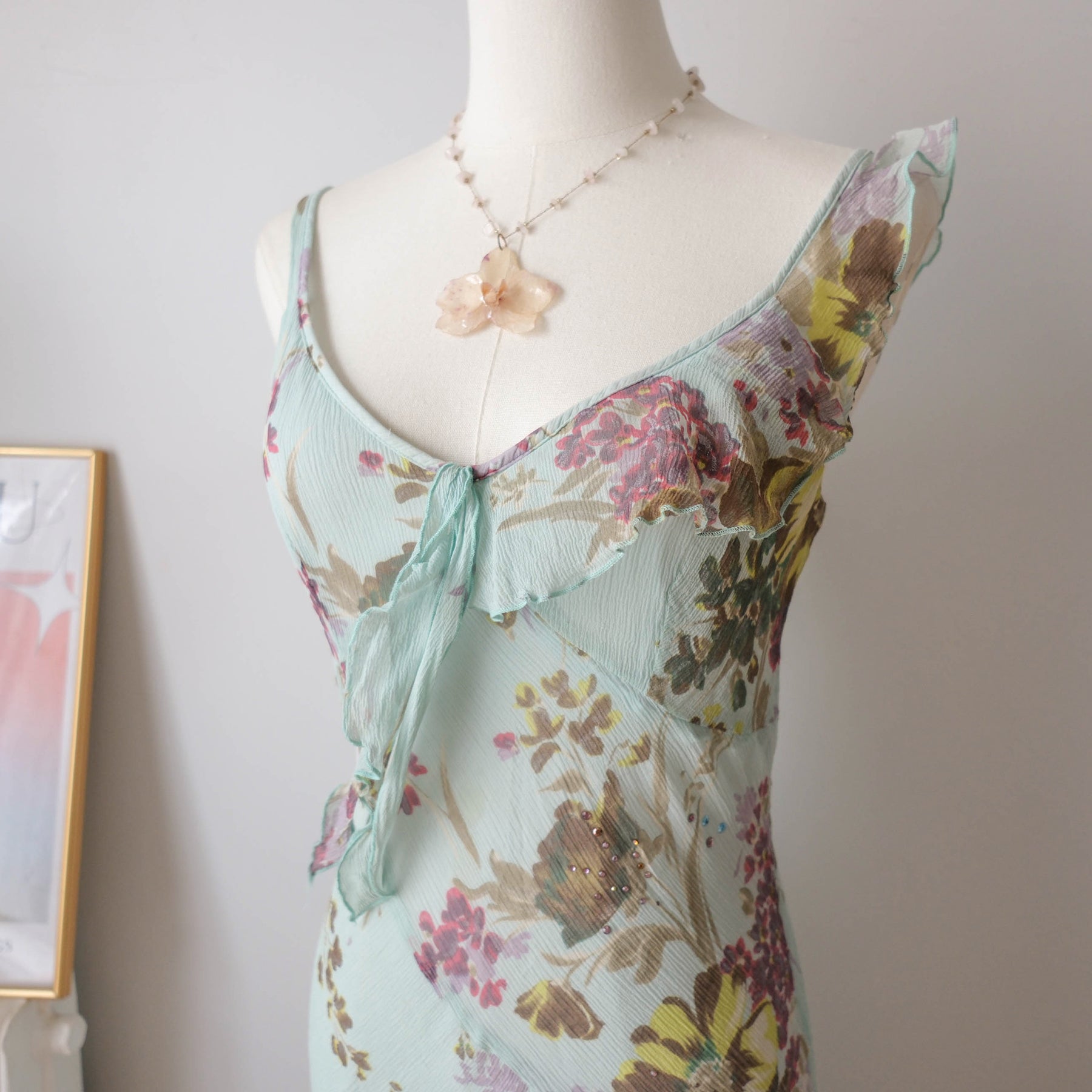 Vintage French Premium Silk  Floral Midi Dress wil Ruffles Strass