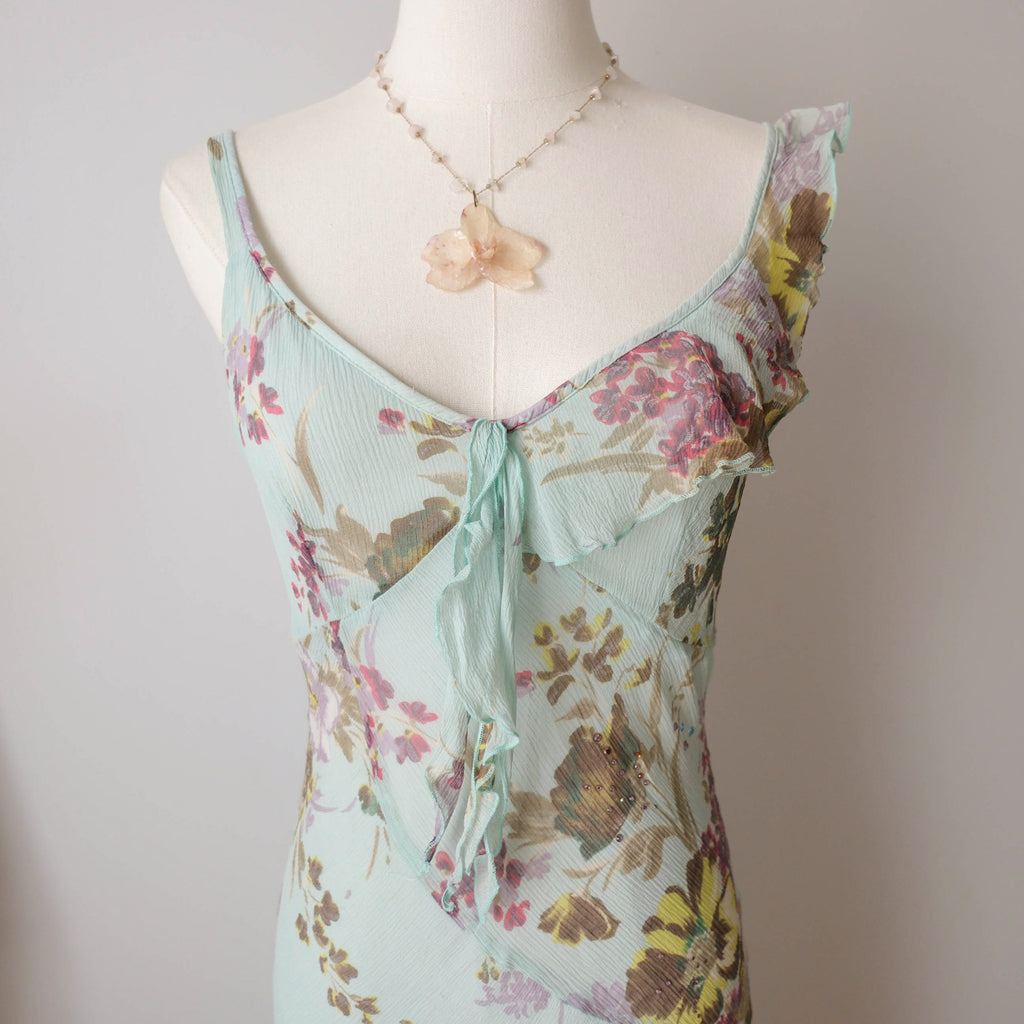 Vintage French Premium Silk  Floral Midi Dress wil Ruffles Strass