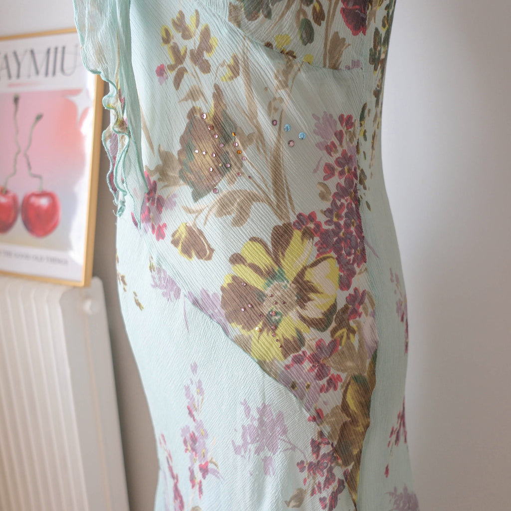 Vintage French Premium Silk  Floral Midi Dress wil Ruffles Strass