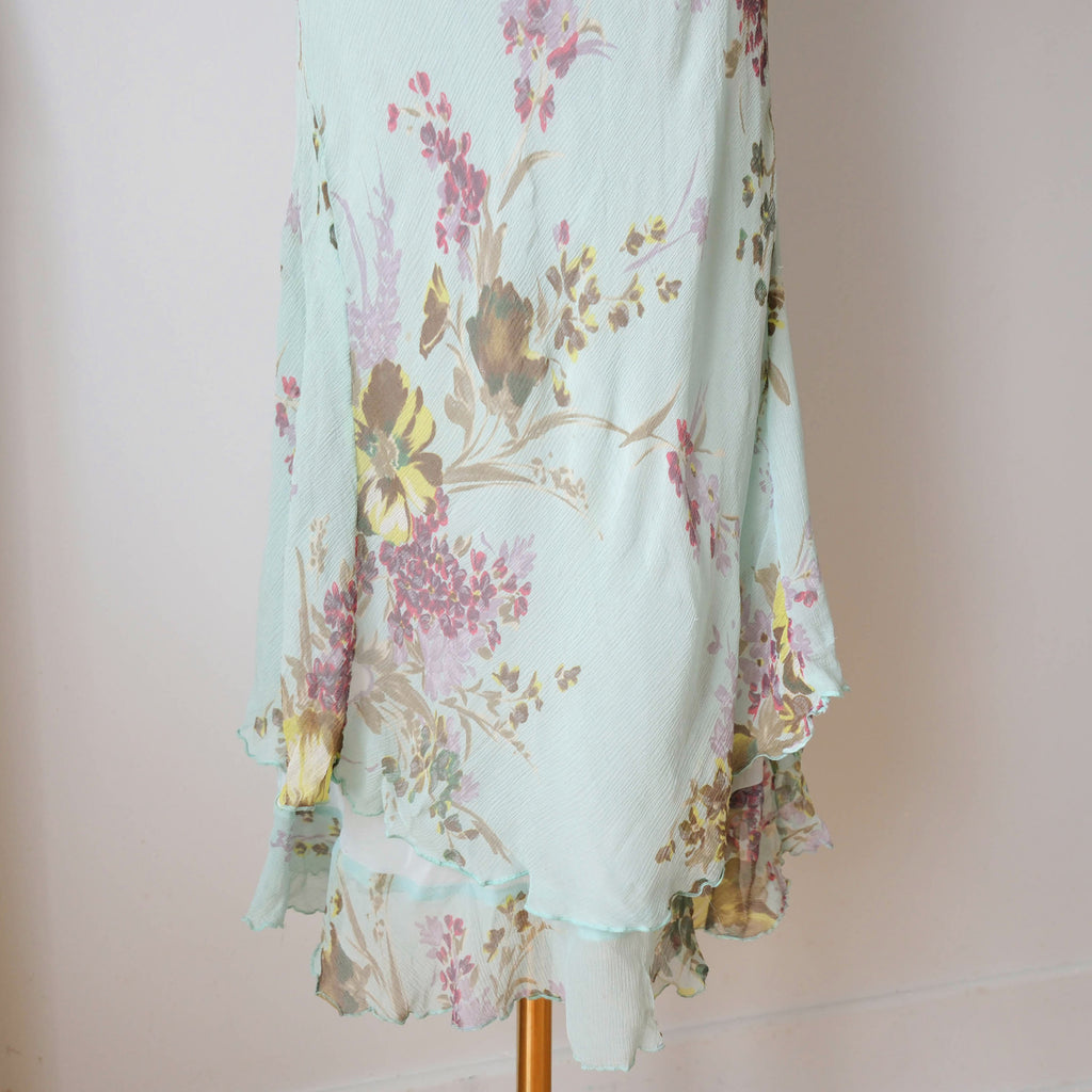 Vintage French Premium Silk  Floral Midi Dress wil Ruffles Strass