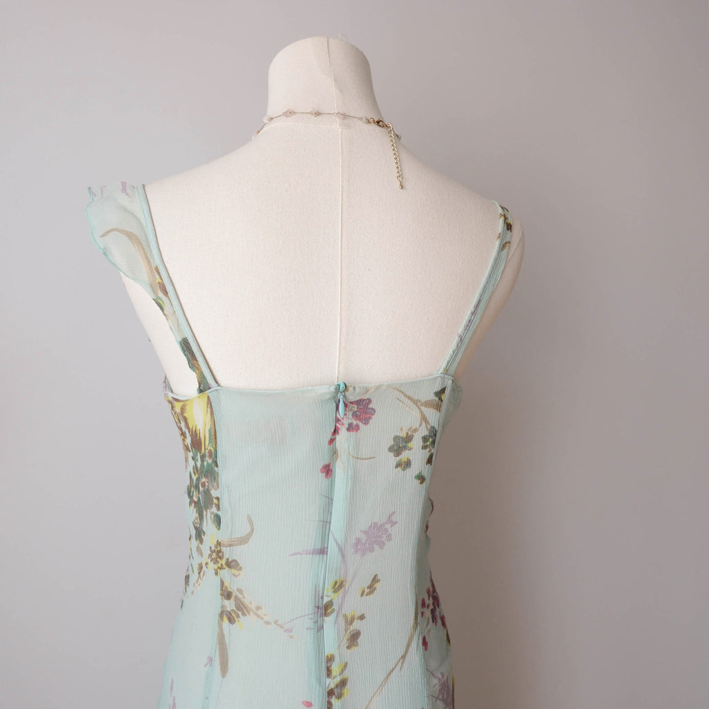 Vintage French Premium Silk  Floral Midi Dress wil Ruffles Strass