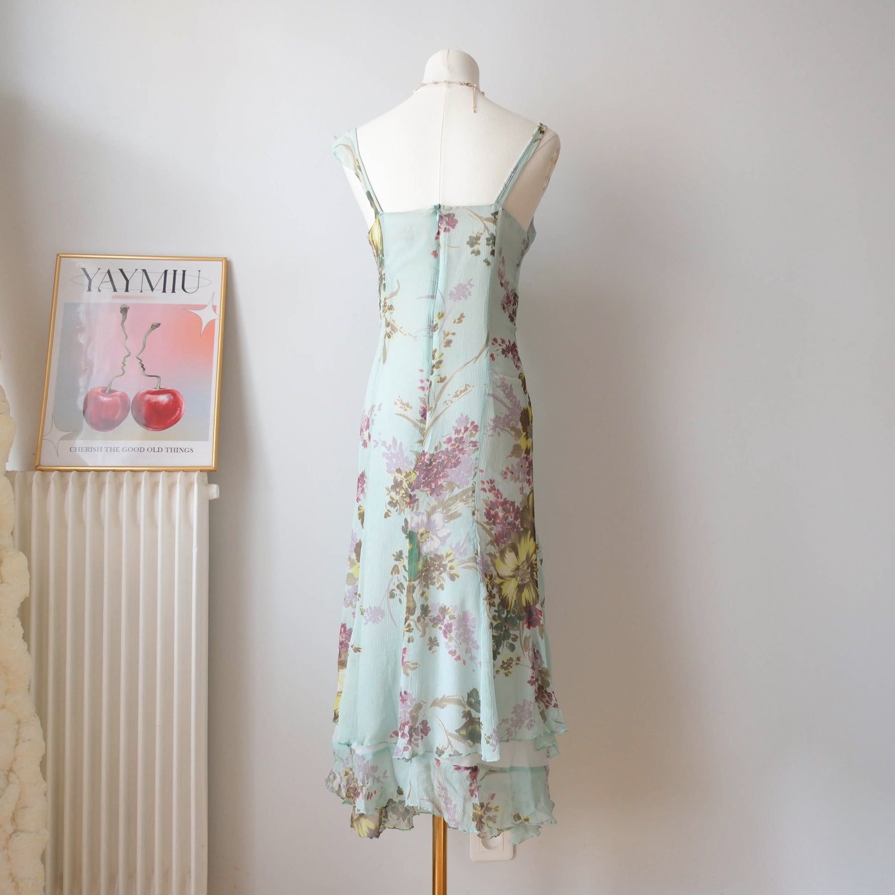 Vintage French Premium Silk  Floral Midi Dress wil Ruffles Strass