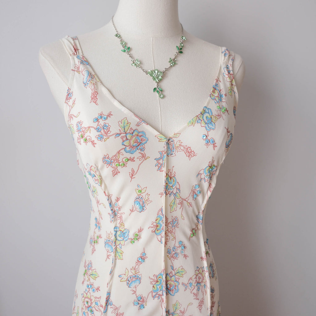 Vintage Beaded Floral Maxi Dress with Ruffle (Copie)