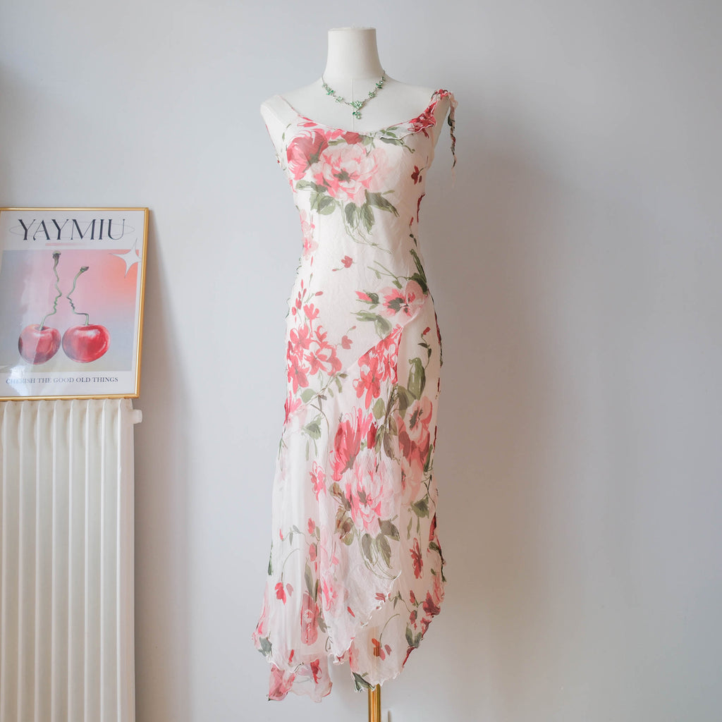 Vintage Dreamy Asymmetrical Silk Dress with Ruffle