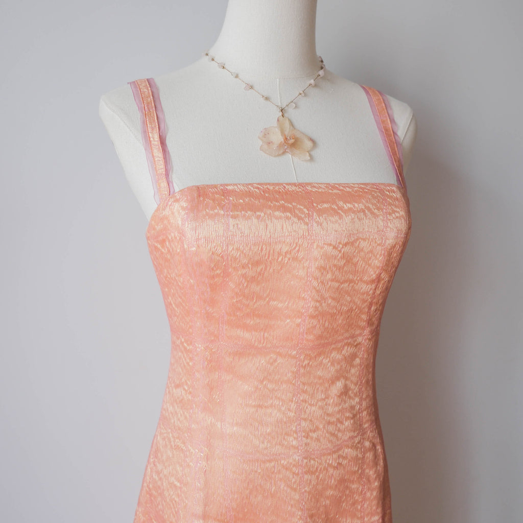 Vintage Textured Peach Shimmer Midi Dress