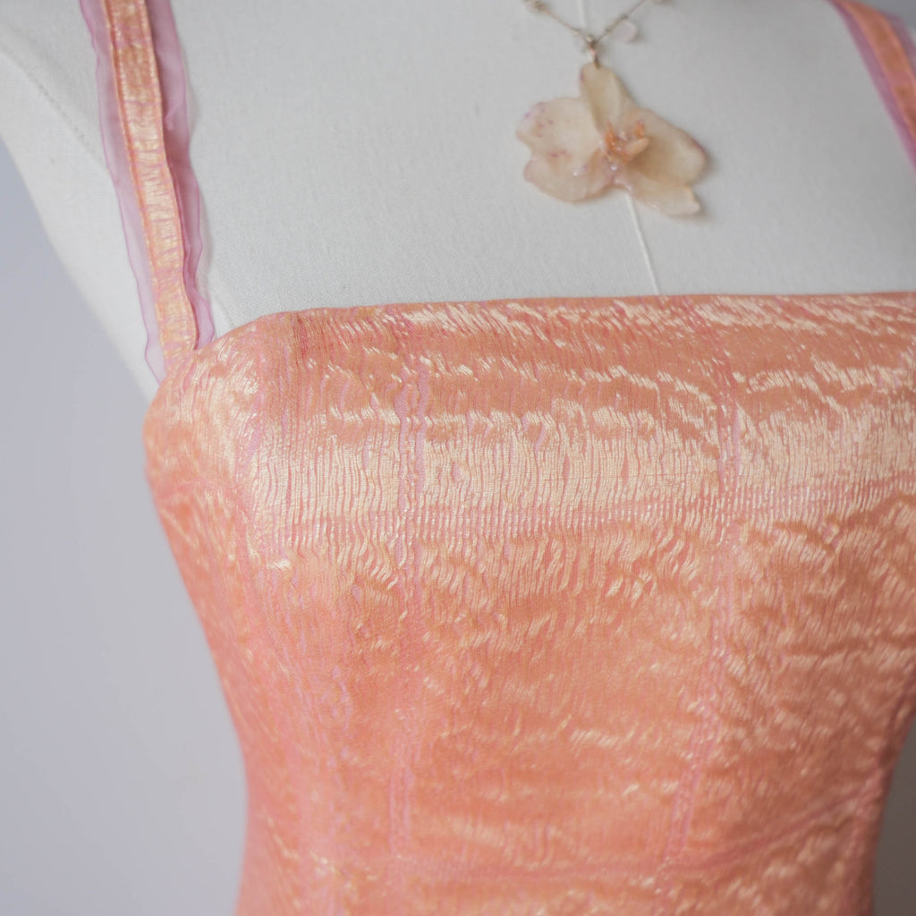 Vintage Textured Peach Shimmer Midi Dress