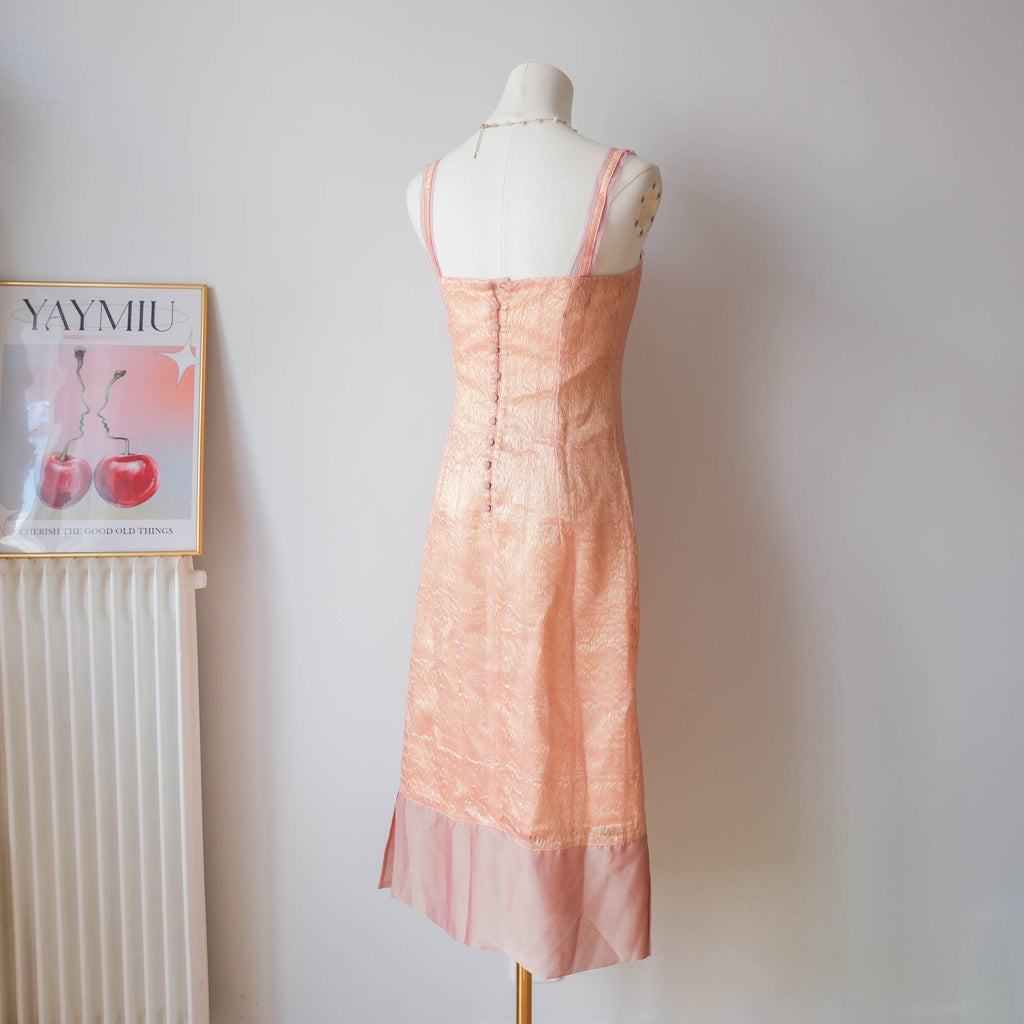 Vintage Textured Peach Shimmer Midi Dress