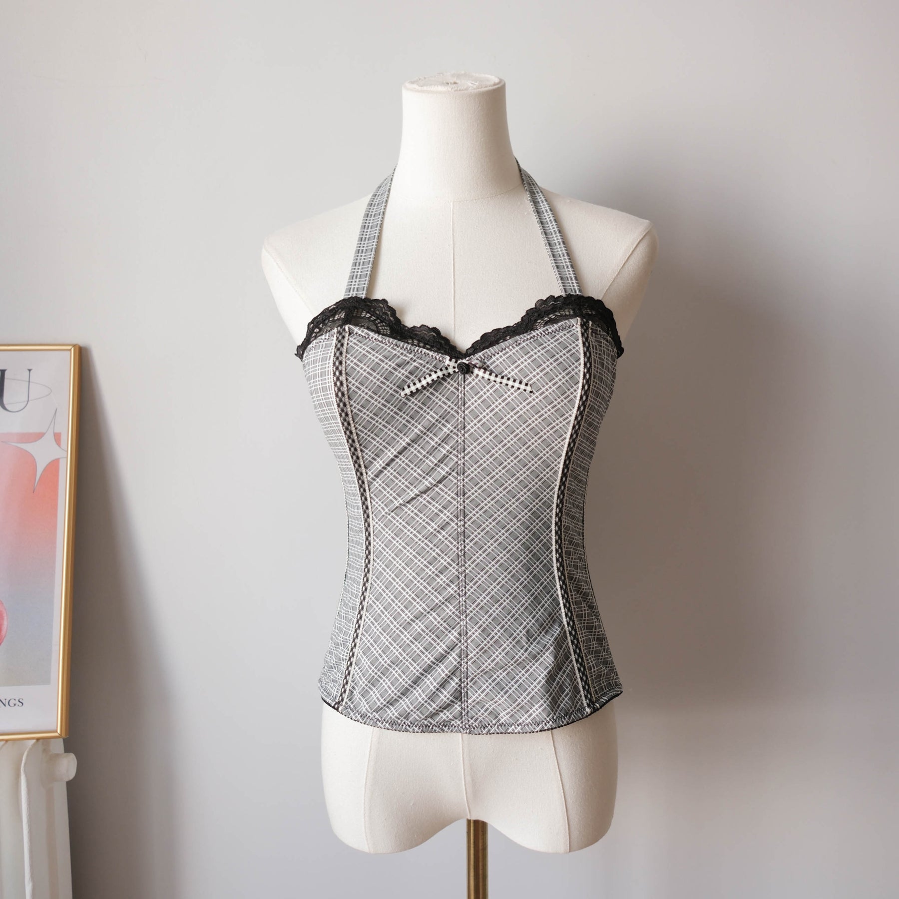 Vintage Office Siren Halter Tartan Corset Top