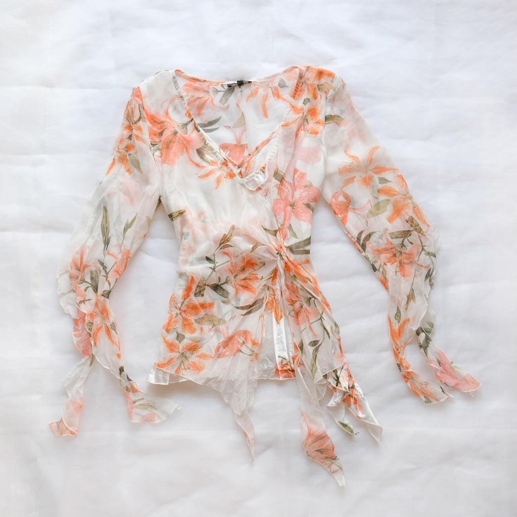 Vintage Sheer Floral Ruffle Wrap Blouse