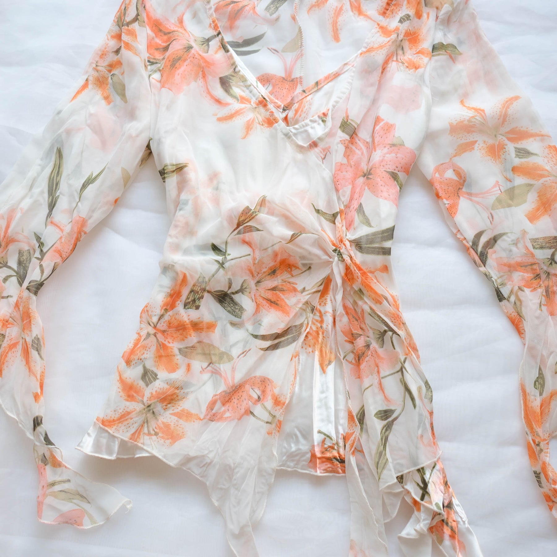 Vintage Sheer Floral Ruffle Wrap Blouse