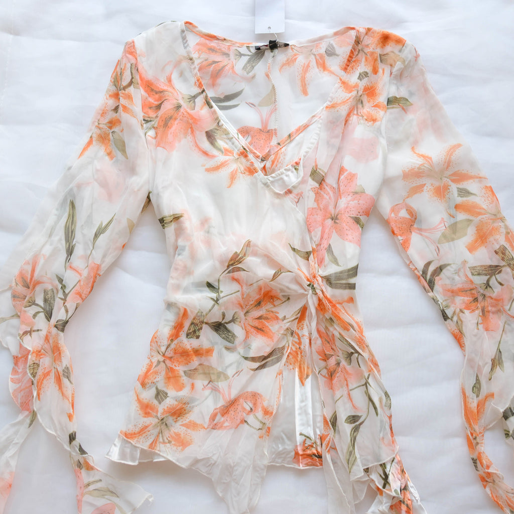 Vintage Sheer Floral Ruffle Wrap Blouse