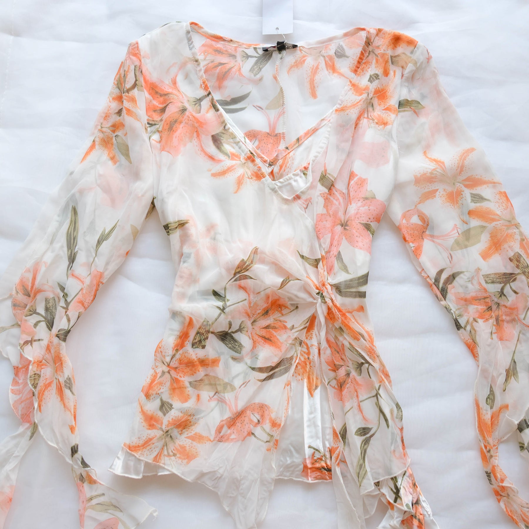 Vintage Sheer Floral Ruffle Wrap Blouse