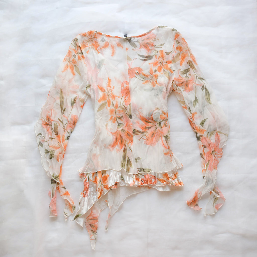 Vintage Sheer Floral Ruffle Wrap Blouse