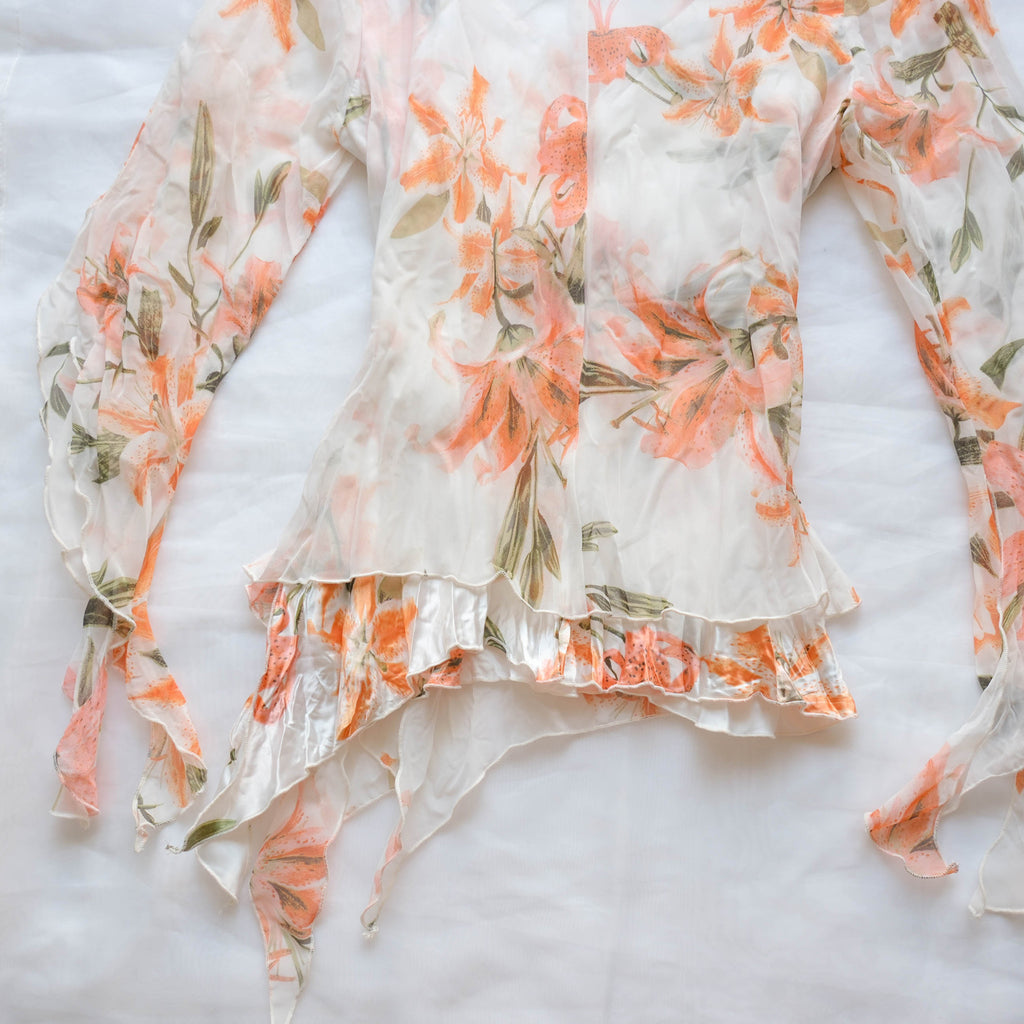 Vintage Sheer Floral Ruffle Wrap Blouse
