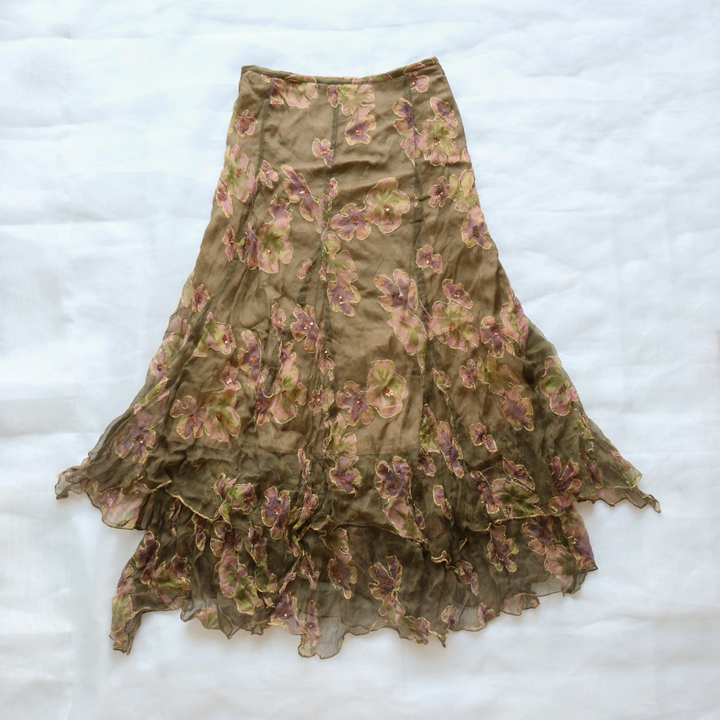 Vintage Whimsigoth Silk Beaded Flared Midi Skirt