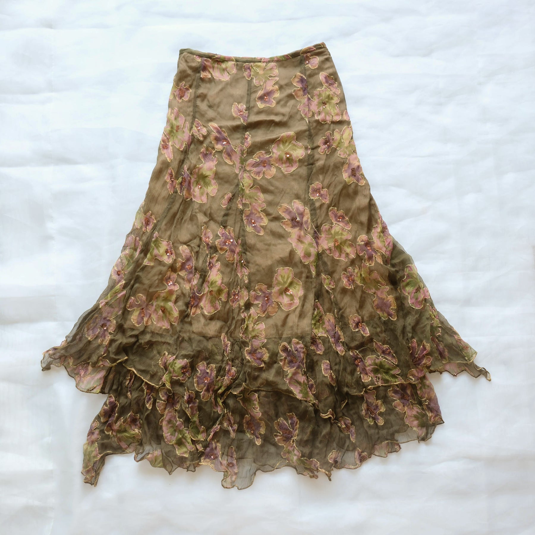 Vintage Whimsigoth Silk Beaded Flared Midi Skirt